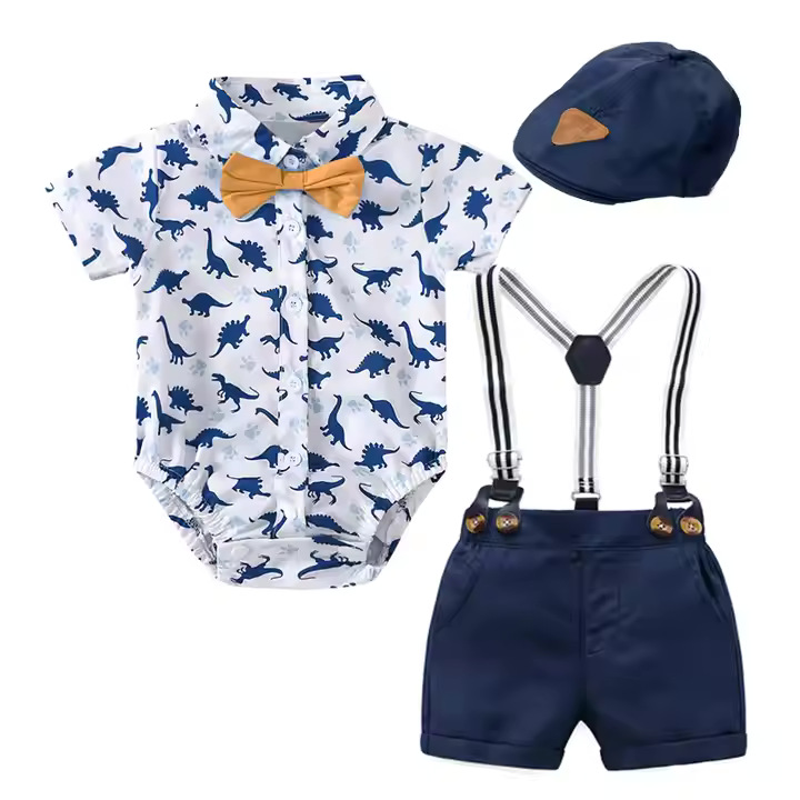 Xavier &amp; Beau Baby-Jungen Sommer-Set mit Dinosaurier-Strampler und Hosenträger-Shorts – Weiches Baumwoll-Outfit (0–24 Monate) | Bezaubernde Babykleidung mit optionaler Mütze