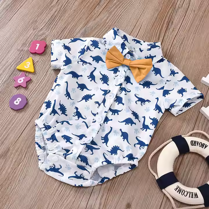 Xavier &amp; Beau Baby-Jungen Sommer-Set mit Dinosaurier-Strampler und Hosenträger-Shorts – Weiches Baumwoll-Outfit (0–24 Monate) | Bezaubernde Babykleidung mit optionaler Mütze